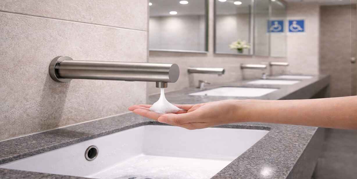 Brushed nickel wall mounted touchless soap dispenser for ADA friendly washrooms